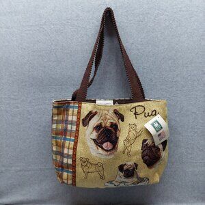 Linda Picken Pug Tapestry Shoulder Tote Bag With Brown Handles Made In USA
